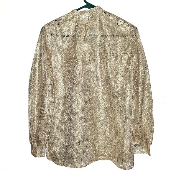 Vintage Gold Metallic & Nylon Deco Button Front Mandarin Collar Semi Sheer Top - Picture 4 of 8